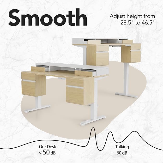 HUANUO Electric Standing Desk with 6 Drawers, 55 Inch Height Adjustable Stand Up Desk with Storage, Computer Workstation Compatible with Monitor Stand for Home Office, Light Walnut