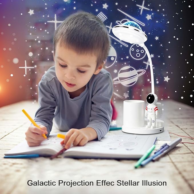 Astronaut Desk Lamp for Kids,Star Space Projector Space Rocket Lamps,Astronauta Lights with Pen Holder,Step-Less Dimming Lighting,Eye-Care Reading Small Desk Lamps for Bedroom,Gifts for Boys and Girls