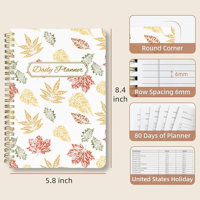 Stanoha Undated Daily Planner - Spiral Notebook 80 Days One Day Per Page, Hourly Schedule, To-Do List, Notes, Everyday Planning Task, A5 Hardcover Journal Organizer Book Women Cute Aesthetic, Fall