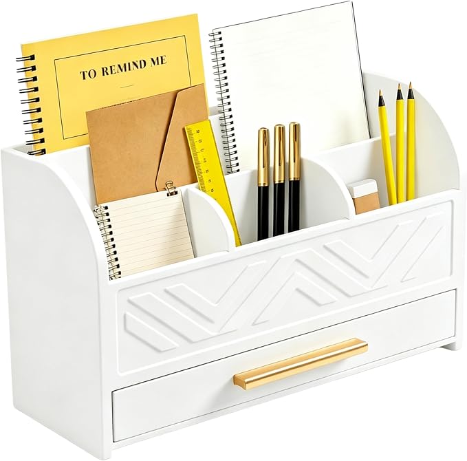 Charmewooden White Desk Organizer with Drawer, Pen Holder & Mail Sorter for Home Office