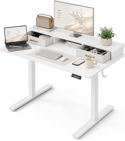 Grandder Electric Standing Desk with Two Drawers, Sit to Stand Up Height Adjustable Desk with Storage Shelf for Home Office, 47 * 24 Inch, Study, Ergonomic Adjustable Computer Desk, White