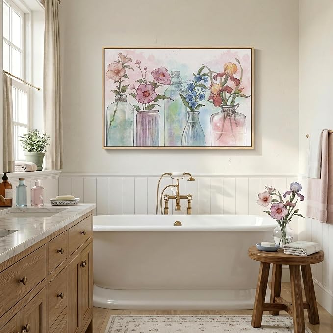 Framed Colorful Floral Wall Art, Modern Botanical in Vase Canvas Prints Painting, Pastel Watercolor Flower Wildflower Pictures for Living Room Bedroom Dining Room Bathroom Room Wall Decor, 24x36 Inch
