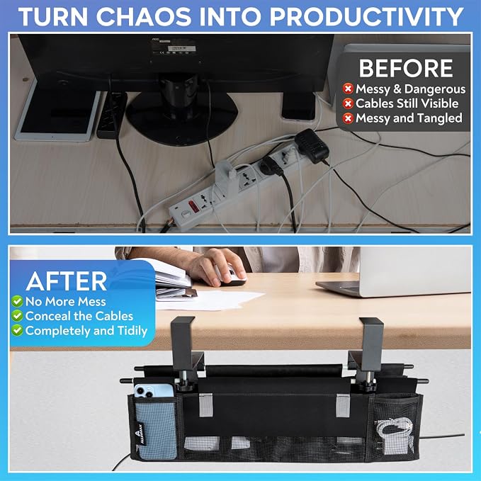 Fabric Under Desk Cable Organizer - Cord Organizer for Desk with 20-Piece Cable Management Kit, Easy Clamp or Screw Mount for Standing Desk Cable Management, Mesh Ventilation Slot