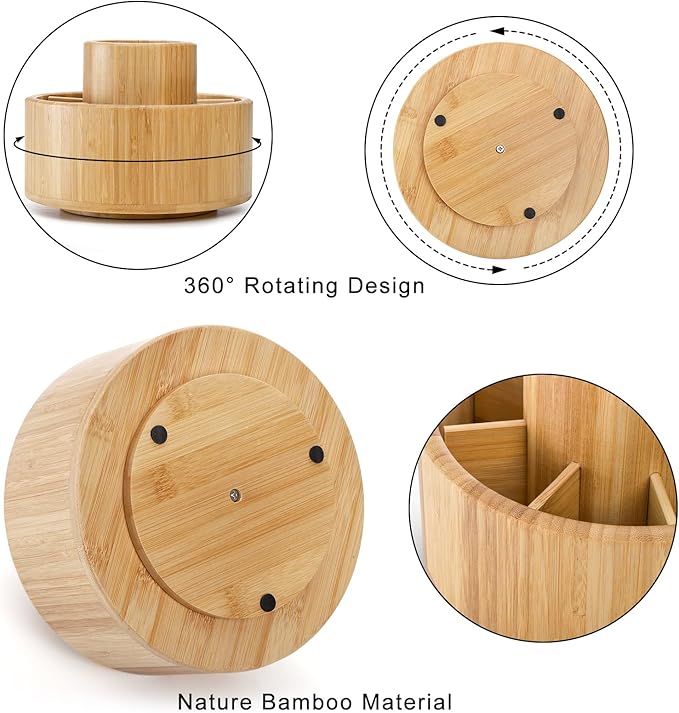 SOUJOY Bamboo Pen Holder Organizer, 360°Rotating Art Supply Organizer with 11 Compartments, Color Pencil Storage Caddy, Hold 200+ Pencils, Office Desk Stand Box for Marker Pens, Pencil, Art Brushes