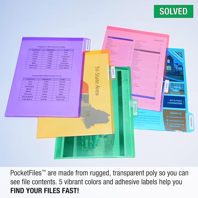 Ultimate Office PocketFile™ Clear Poly Document Folder Project Pockets, 5th-Cut, Letter Size, in 5 Assorted Colors, Set of 50