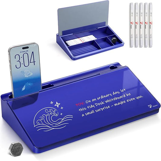 TOWON Navy Small Compact Glass Desktop Whiteboard with Storage, 12 x 7 Inches, Glossy Metallic Paint Mirror Finish Dry Erase Board, Includes 5 Markers, Eraser & Holder for Office Homeschooling Décor