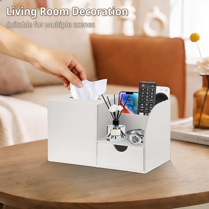 Square Tissue Box Cover with Storage Drawer,Facial Tissues Cube Box Holder | PU Leather Modern Remote Control Holder,Nightstand Organizer Caddy for Bathroom Vanity, Makeup,Office and Home Desktop Decor