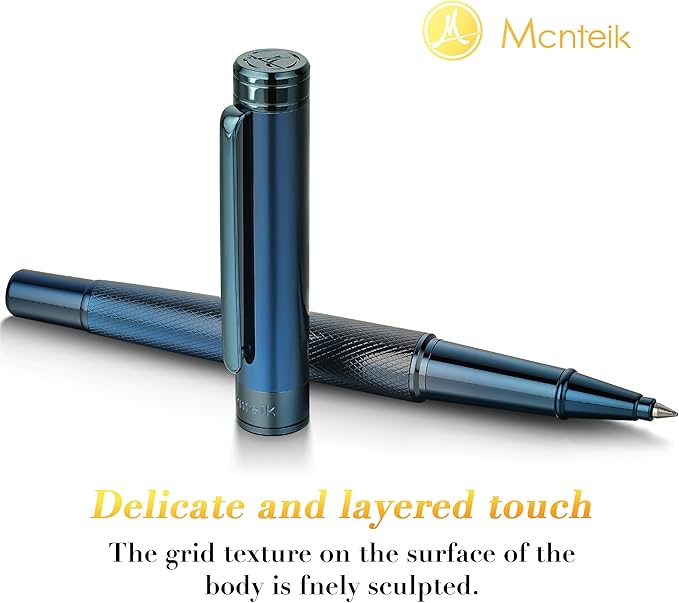 Electroplated Blue Rollerball Pen, Stunning Luxury Pen with Mesh Texture Design、Schmidt Ink Refill, Nice Gift Set for Men & Women, Business, Executive, Office, Fancy, Nice Fancy Designer Pens
