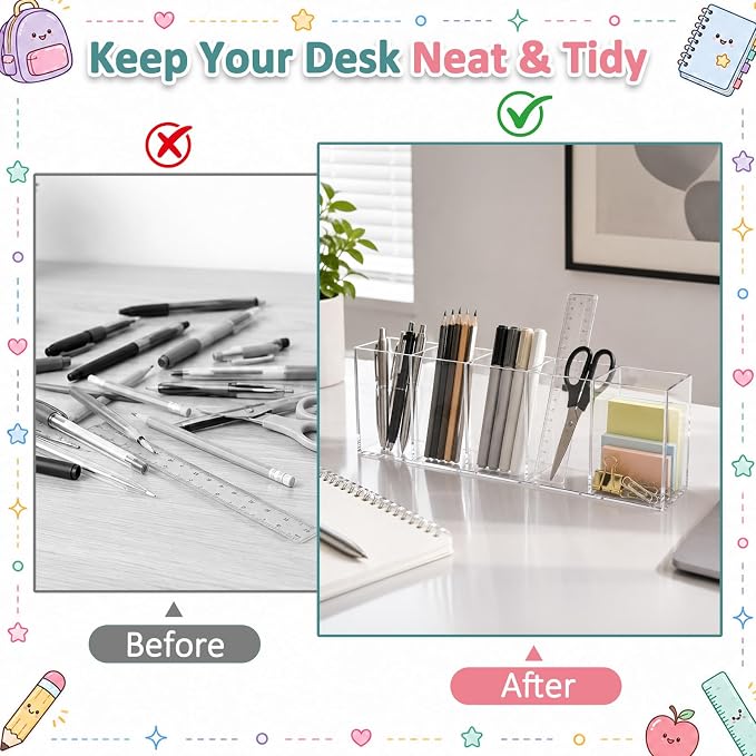 Mototo 2PCS Acrylic Pen Holder Back to School 5 Compartments Pen Organizer | Clear Pencil Cup Desktop Caddy Makeup Brush Storage Solution for Cosmetic Office Bathroom Kitchen Home Coffee Bar Container