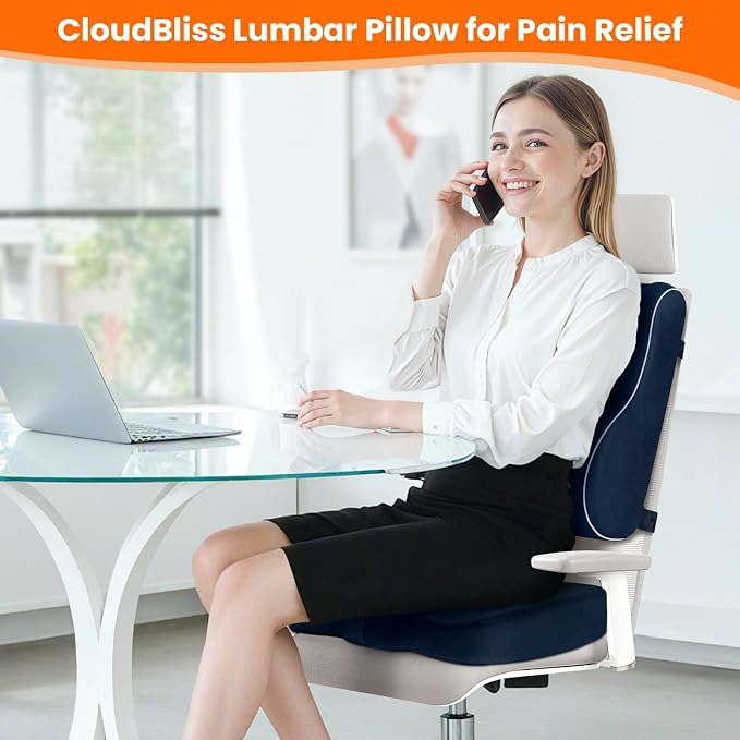 CloudBliss Lumbar Support Pillow, Memory Foam for Office Chair, Blue | Ergonomic High-Density Memory Foam, Adjustable Straps, Washable Mesh Cover, Lower Back Support for Office, Gaming & Car Seat