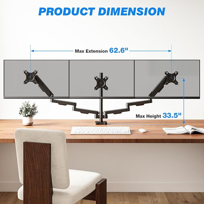 Triple Monitor Mount for 17-32" Screens, VESA 75/100mm | Holds up to 19.8lbs per Arm. Full Motion Tilt, Swivel, 360 Rotation, Extra Tall Pole, C-clamp/Grommet Base.