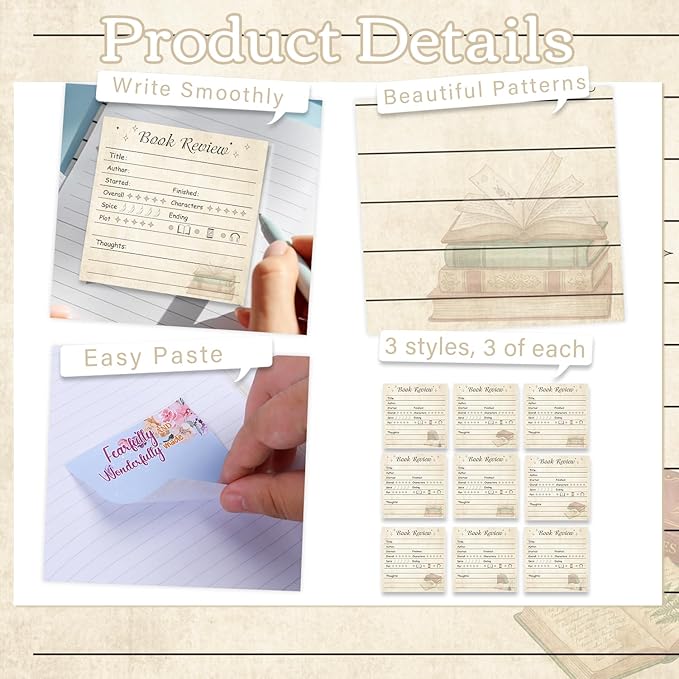 Book Review Sticky Notes Gift, 9 Pack Retro Books Review Themed Notepads 3x3 Inch Gifts for Bookworm, Reading Journals Memo Pads Office School Supplies for Friends Readers (450 Sheets)