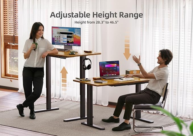 YDN Electric Standing Desk with Drawer 40 Inch Rustic Brown | Industrial steel frame supports 176 lbs, 28.3 to 46.5 inch height range, quiet 45 dB motor, 25.6 x 12.6 inch storage drawer