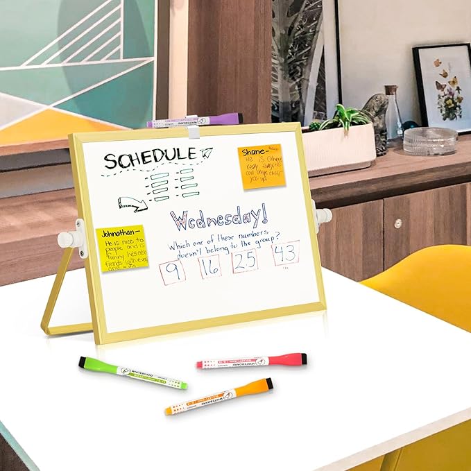 Magnetic Dry Erase White Board, 12" x 8" Double-Sided Golden Aluminum Frame Desktop Whiteboard with Stand, Portable Small Whiteboard Set for Drawing, Office, Home, School