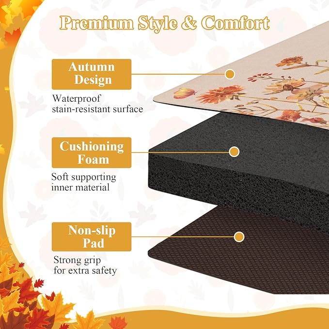 SHACOS Anti Fatigue Fall Kitchen Rugs Set of 2 Beige Orange Wild Flowers | Waterproof Non Slip Cushioned Kitchen Floor Mats Harvest Autumn Farmhouse Comfort Standing Mat 17x27.5+17x47"