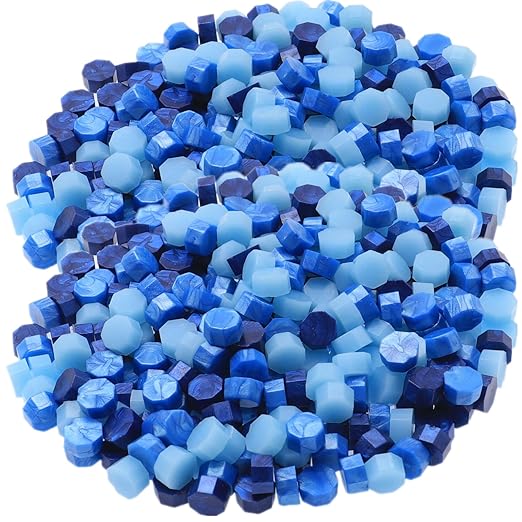 Wax Seal Kit with Warmer, ONWINPOR 300pcs Sea Blue Sealing Wax Beads in 3 Colors, Non-Slip Spoon, Candles for Envelopes, Stamp Letter Seal,Wedding Invitations (Blue Mix)