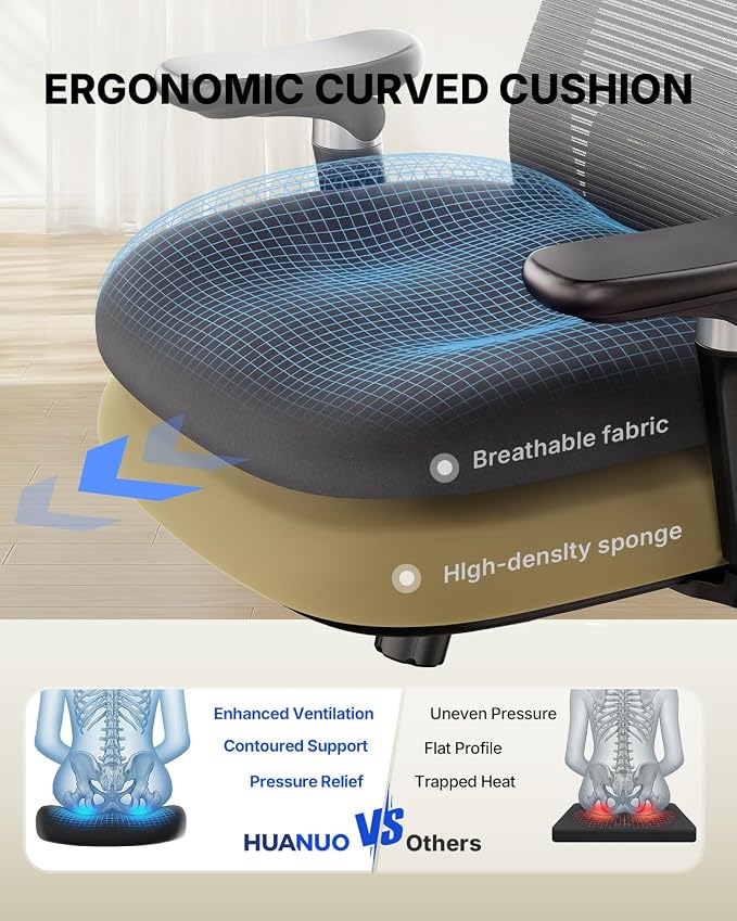 HUANUO Ergonomic Office Chair with 6D Armrest, Seat Depth Adjustment, Lumbar Support, Quiet Rubber Caster, High Back Mesh Gaming Chair with 3D Headrest, Big and Tall Chair for Home Office, Pack of 10