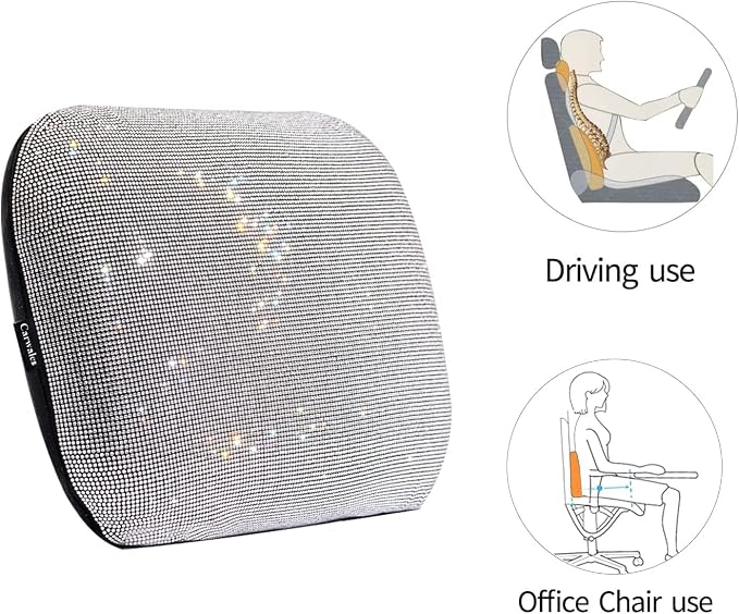 Carwales Lumbar Support Pillow Summer Decorative for Car Soft Bling Accessories Sparkly Diamond Rhinestone for Women Girls, Universal Office Chair Lower Back Cushion Rubber Black