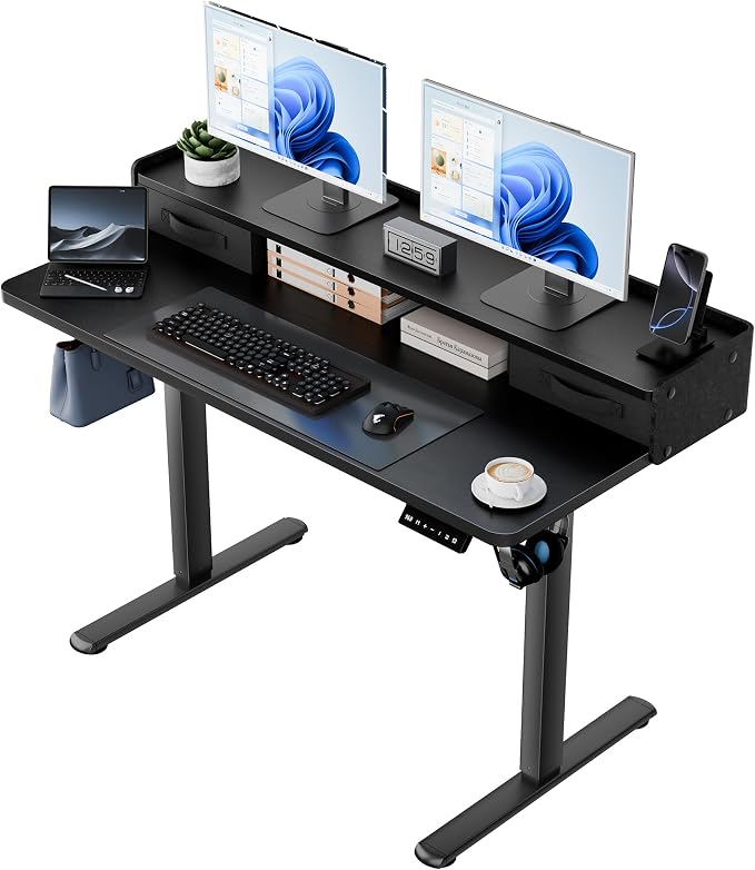 YESHOMY 48" x 23" Electric Standing Desk with 2 Drawers, Height Adjustable Computer Desk, Low Noise Home Office Stand Up Desk with 2 Preset Heights & 2 Hooks, Black