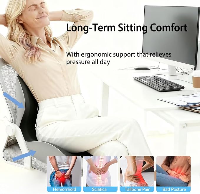 Back and Seat Cushion for Office, Back & Tailbone Pain Relief, Raised Cushion for Lumbar and Butt, Double-Sided Anti-Slip, Improves Sitting Posture, Ergonomic Memory Foam Lumbar Cushion