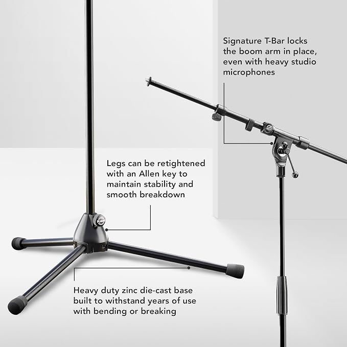 K&M König & Meyer 21090.500.55 Tripod Microphone Stands | Adjustable Telescoping 2-Piece Boom Arm | Professional Grade | Heavy Duty with Folding Leg Base | German Made | 2 Pack | Black