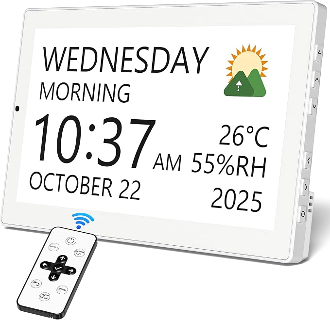 Mesqool 10.1" Large Digital Calendar Clock for Seniors with Date & Day | Easy-to-Read Display, Daily Reminders, Auto Dimming, Remote Control, Indoor Temperature & Humidity, Wall Mountable