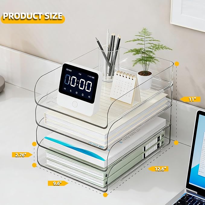 HIYOHIYO Clear Office Desk Organizer for A4 Letter Paper, 4-Tier Vertical | Stackable | Large Capacity | Sturdy Office DeskTtop Organizer for File Folder, Stable Home Desk Paper Holder and Storage