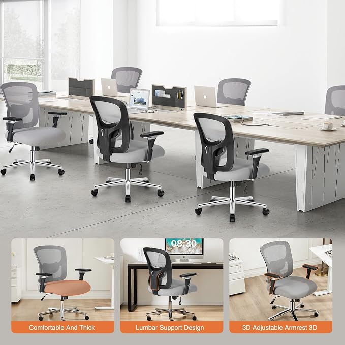 Sweetcrispy Big and Tall Office Desk Chair with Lumbar Support, 500lbs Heavy Duty Mesh Ergonomic Computer Chair with 4D Armrest and Wide Comfy Seat, 360° Swivel Wheels for Adult, Grey