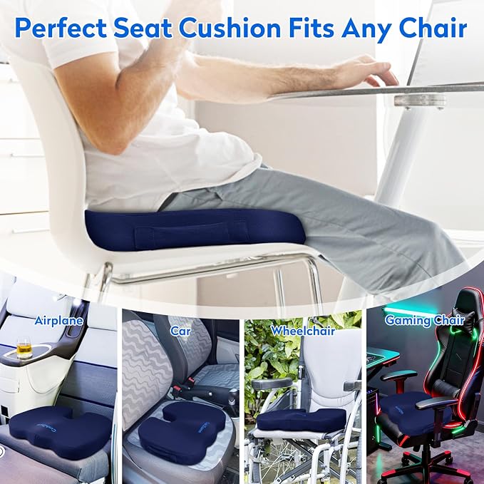 CushZone Office Chair Cushions, Memory Foam Coccyx Cushion for Tailbone Pain Office Chair Car Seat, Sciatica, Coccyx, Lower Back Pain Relief (Blue)