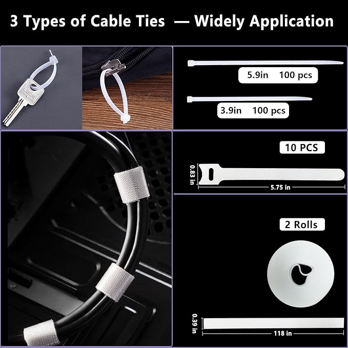 ELII 328Pcs White Cable Management Kit, 8 Magnetic Cable Clips | 69Adhesive Cable Holder,4 Cable Sleeve Split,22Reusable Cable Strap,200 Nylon Cable Zip Ties,25 Zip Tie Mounts, TV Home