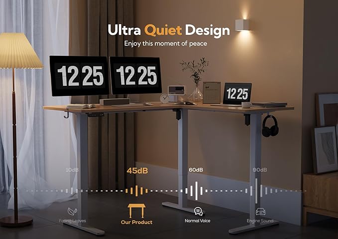 Claiks L Shaped Standing Desk Dual Motor 63x55in Adjustable Height Natural | Height 28.5-47.2 inch, 220lbs capacity, sturdy steel frame, splice board included, ideal for home office corner