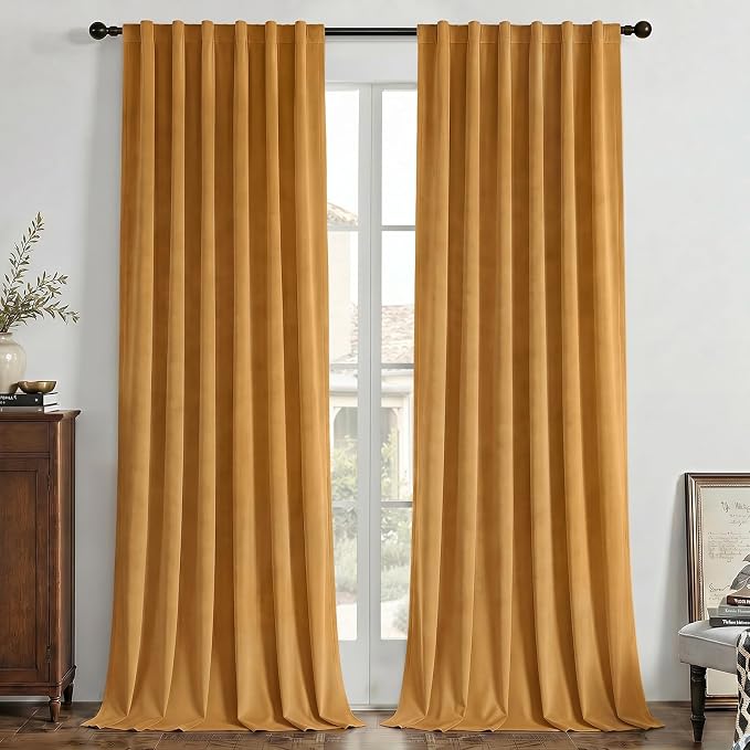 Joydeco Mustard Yellow 100% Blackout Curtains 96 Inch 2 Panels, Luxury Thermal Yellow Velvet Curtains for Bedroom Living Room, Soundproof Blackout Window Drapes, Rod Pocket & Back Tab (52W x 96L)