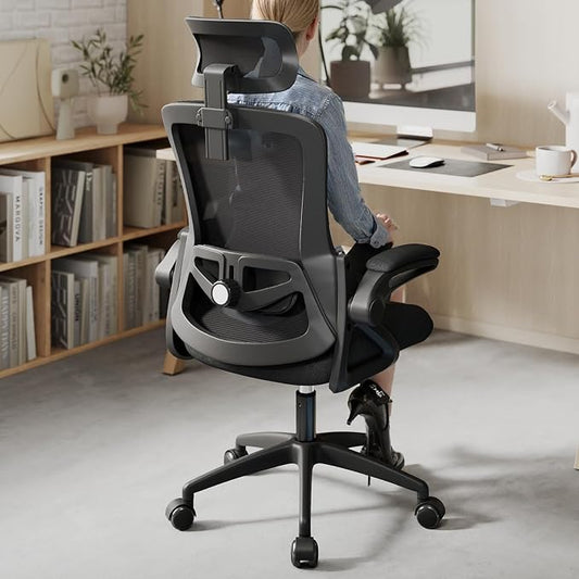 Ergonomic Office Chair Desk Chair with Adjustable Lumbar Support | Mesh Computer Chair Home Office Desk Chair with Flip-up Armrests Executive Task Chair Comfy Mesh Gaming Chair (Black-Black)
