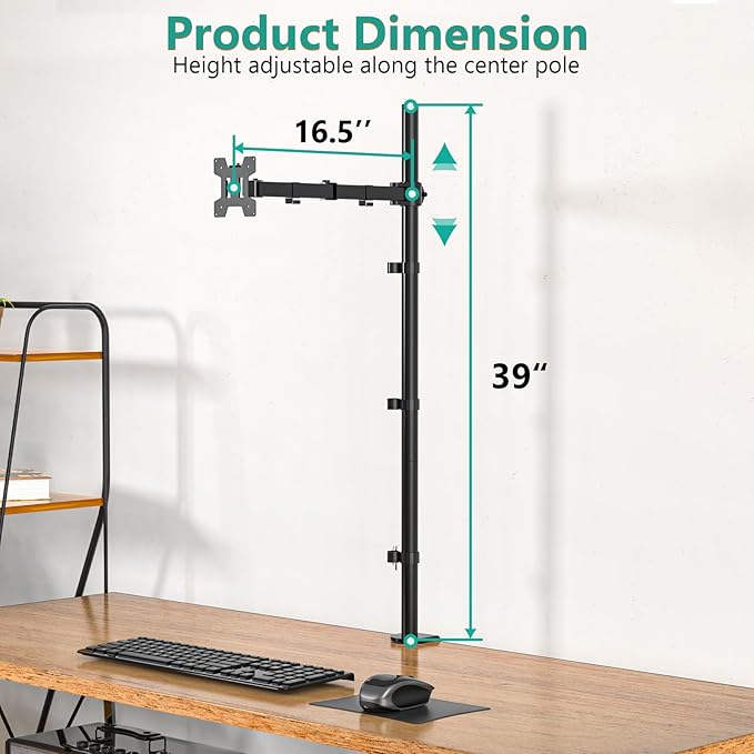 WALI Single Monitor Stand Desk Mount, Tall Monitor Stand Fully Adjustable with 39” Height Pole, Articulating Arm for Computer Screen up to 38 inch, 22lbs (M001XXL), Black