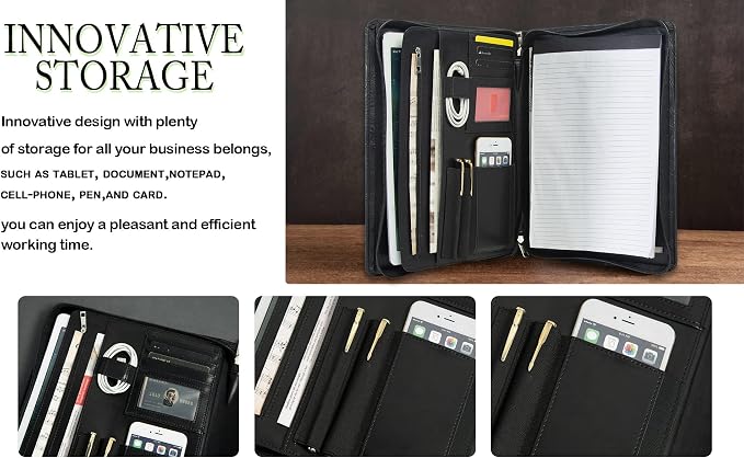 AZXCG Leather Portfolio with Zipper, Embossed PU Leather Padfolio Folio, Professional Business Document Organizer with A4 Letter Sized Writing Pad Holder(Black)