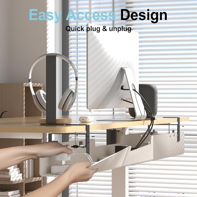 No-Drill Under Standing Desk Cable Management,47.2" L,Beige | Upgraded 0.25" Heavy-Duty Felt Cable Organizer,Desk Wire Management Tray with Clamp or Screw Mount, for Home Or Office