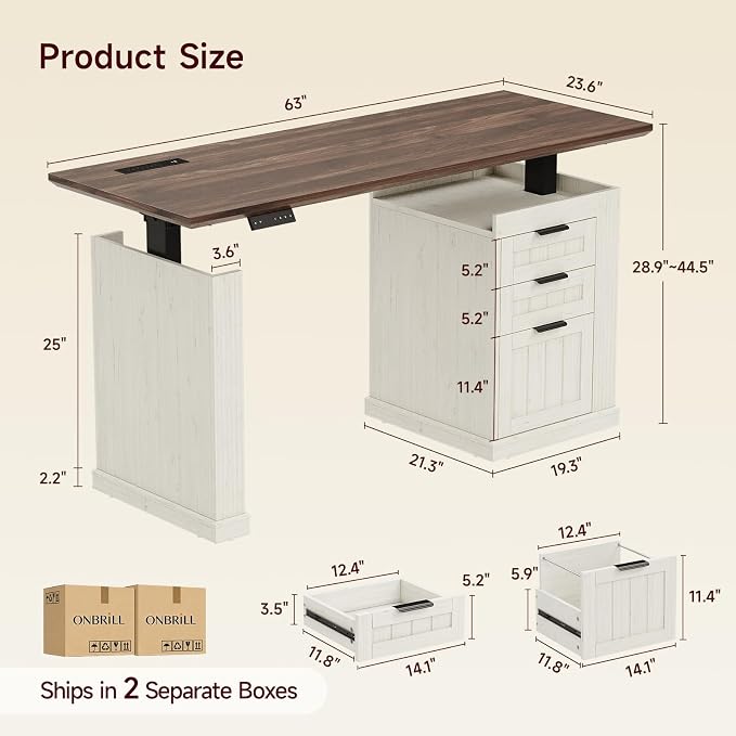 63" Electric Standing Desk with File Cabinet,Computer Desk, Walnut&White | Height Adjustable Desk with 3 Drawers, Farmhouse Sit-stand Desks w/ Power Outlets, Home Office Stand up Desk for Work, Study