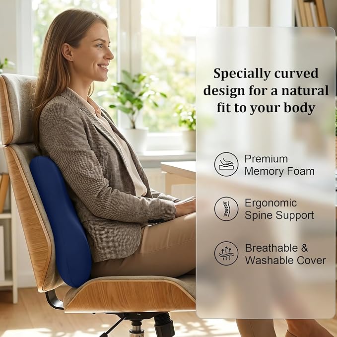Lumbar Support Pillow for Office Chair Memory Foam Lumbar Cushion with Removable Cover Soft Back Support Pillow Suitable for Car, Couch, Gaming, Dark Blue
