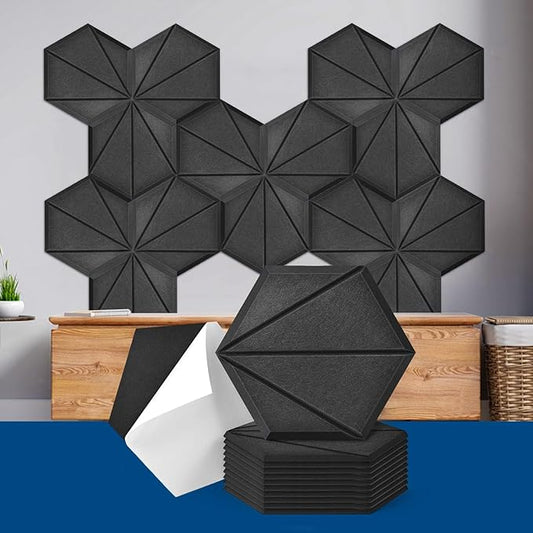 Art3dwallpanels Self Adhesive 12 Pack Acoustic Panels, 14" X 12" X 0.4" Soundproof Wall Panels, High Density Sound Absorbing Panels Hexagon Beveled Edge Sound Dampening Panels, Studio Treatment Tiles