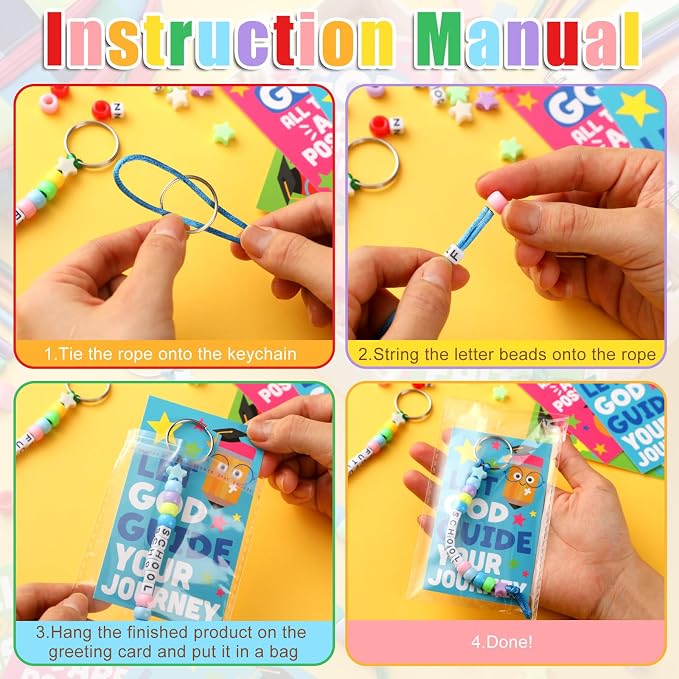 Suncalla 984 Pcs 24 Set Religious Keychain Craft Kit DIY Christian Congrats Back to School Gift Keychain Making Kit Adjustable Bead Letter Beads Cards String for Blessings Party Supply