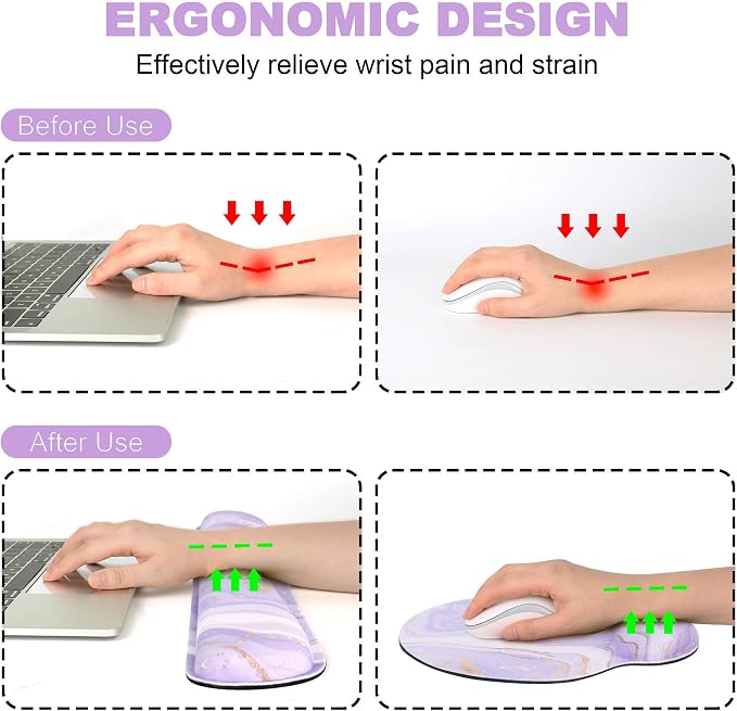 Ergonomic Mouse Pad with Wrist Rest and Keyboard Wrist Rest, Memory Foam Wrist Rest for Computer Keyboard, Easy Typing, Pain Relief, Mouse Pad Wrist Support for Gaming,Office, Laptop, Purple Marble