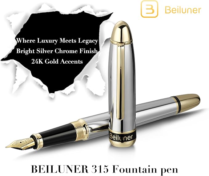 BEILUNER 315 Silver Chrome Fountain Pen,Stunning Luxury Pens with 24K Gold Accents, Gorgeous 24K Gilded Nib(Fine), Ink Converter,Fancy Pen Gift for Men&Women-Elegant, Office, Writing, Nice Design