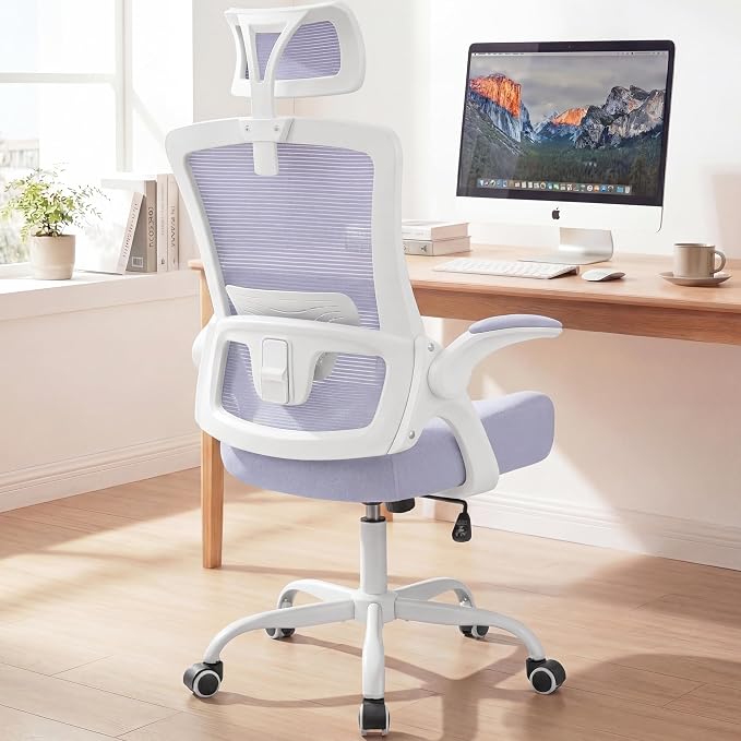 NEO Chair Office Chair High Back Desk Mesh Chair Comfy Computer Gaming Seat with Adjustable Ergonomic Headrest Lumbar Rolling Flip-up Armrests and Wheels (Purple)