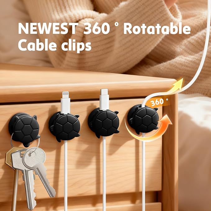 Rotatable Cable Clips, 8 Pack Cord Holder for Nightstand Black | Self-Adhesive Cord Clips, Dorm Room Essentials, Cable Holder for Cords, Cord Management for Desk Office Car Wall