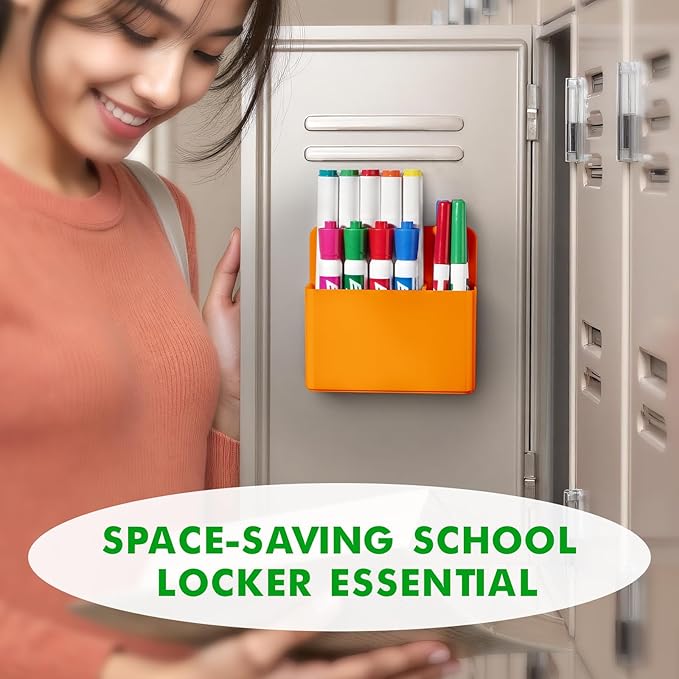 2 Pcs Magnetic Dry Erase Marker Holder for Whiteboard, Plastic Magnetic Pen Holder for Refrigerator Fridge, Magnet Pencil Cup for School Classroom, Locker Accessories,Pen Cup Organizer-Orange