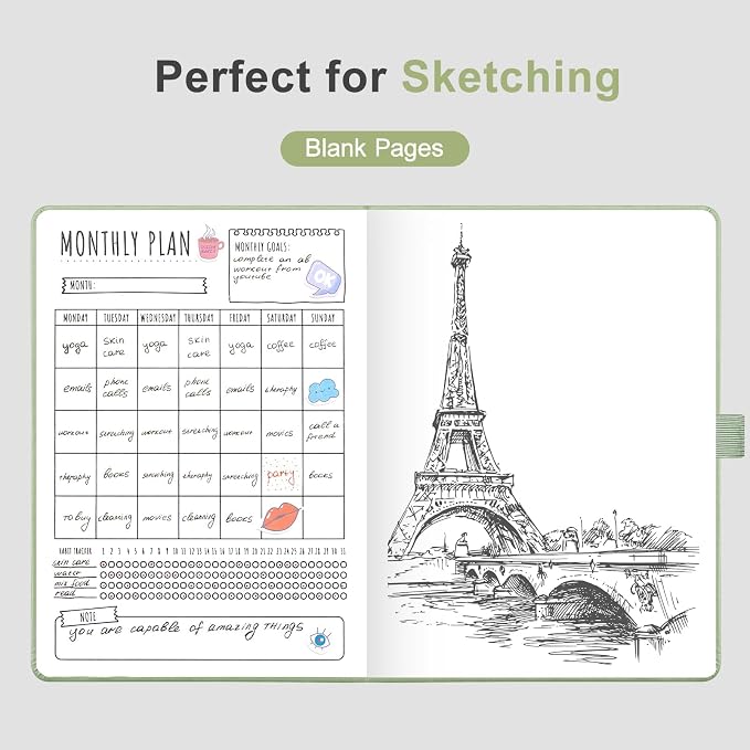 AHGXG Blank Journal Notebook, 160 Pages, A5 Medium Size (5.7'' x 8.3''), 120 GSM Thick Paper, Leather Hardcover, for Sketching, Drawing, Painting (Light Green)