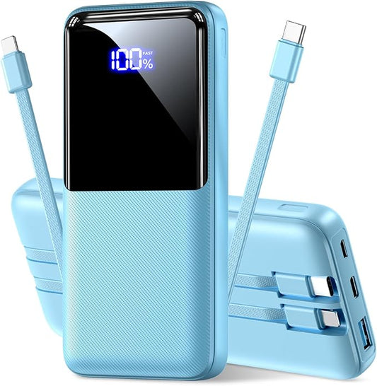 Portable Charger Power Bank, 50% Larger Capacity 20000mAh Battery Pack with Built in Cable, 22.5W Fast Charging Travel Camping Essential Powerbank for iPhone 17 16 Pro iPad Samsung S26 Google, Ocean