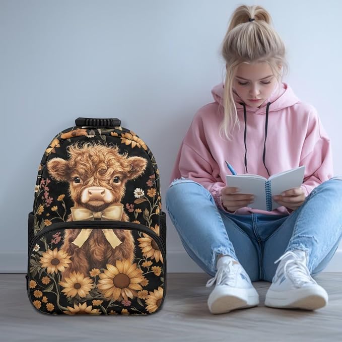ZFRXIGN Highland Cow Kids Backpack for Boys Bookbag with Cute Pendant 17inch Girls Elementary School Bag and Insulated Lunch Box Pencil Case Back to School Stuff
