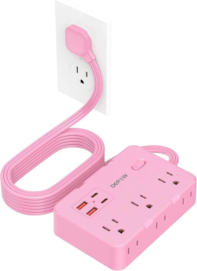 DEPOW Pink Power Strip, 5FT Extension Cord with 6 AC Outlets（1625W/13A 4 USB Ports (2 USB C), 1050J Surge Protector, Flat Plug Wall Mountable Charging Station for Dorm Room Desk Bedroom Kawaii Decor