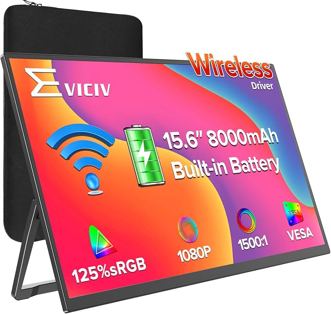Wireless Portable Monitor with 8000mAh Battery, 15.6" Wireless Monitor, Support AirPlay, Miracast Laptop Display, USB-C & MINI HDMI & VESA, Travel Second Screen for Laptop, Computer, Game Consoles(5H)
